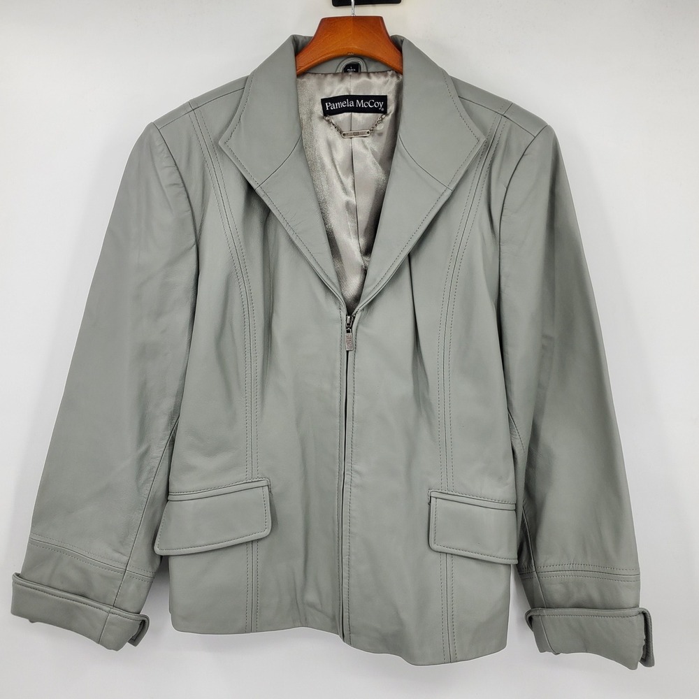 Pamela McCoy Grey Leather Zip Front Moto Blazer Jacket L Goth‎ Fall Grunge Y2K